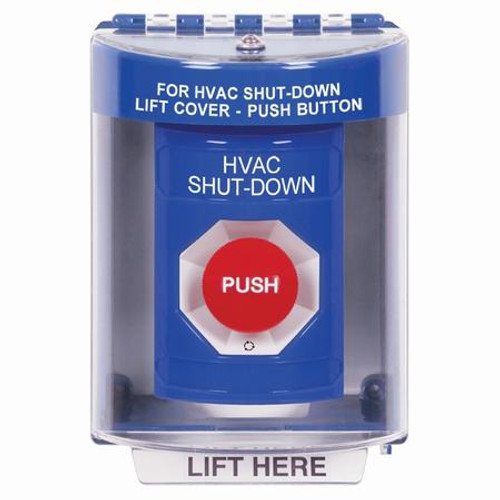 SS2481HV-EN STI Blue Indoor/Outdoor Surface w/ Horn Turn-to-Reset Stopper Station with HVAC SHUT DOWN Label English