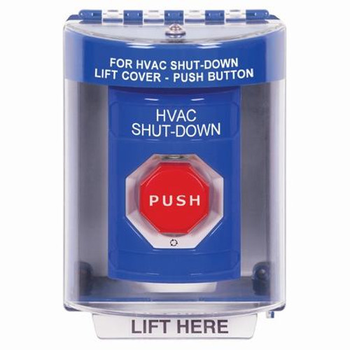 SS2489HV-EN STI Blue Indoor/Outdoor Surface w/ Horn Turn-to-Reset (Illuminated) Stopper Station with HVAC SHUT DOWN Label English