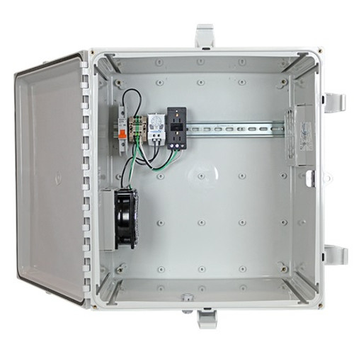 EP181611-O5 STI Polycarbonate Enclosure with NEMA 3R Filter Fan w/ Filter Vent and Power Distribution Strip 18" H x 16" W x 11" D - Solid Door