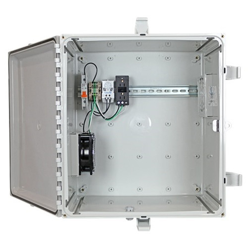 EP242410-O5 STI Polycarbonate Enclosure with NEMA 3R Filter Fan w/ Filter Vent and Power Distribution Strip 24" H x 24" W x 10" D - Solid Door