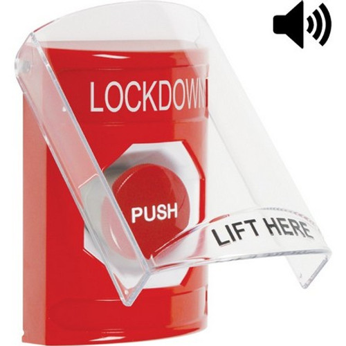 SS20A4LD-EN STI Red Indoor Only Flush or Surface w/ Horn Momentary Stopper Station with LOCKDOWN Label English