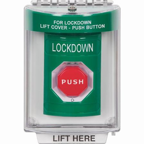 SS2149LD-EN STI Green Indoor/Outdoor Flush w/ Horn Turn-to-Reset (Illuminated) Stopper Station with LOCKDOWN Label English