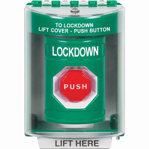 SS2175LD-EN STI Green Indoor/Outdoor Surface Momentary (Illuminated) Stopper Station with LOCKDOWN Label English