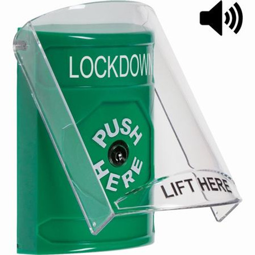 SS21A0LD-EN STI Green Indoor Only Flush or Surface w/ Horn Key-to-Reset Stopper Station with LOCKDOWN Label English