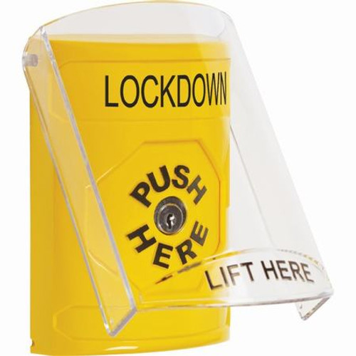 SS2220LD-EN STI Yellow Indoor Only Flush or Surface Key-to-Reset Stopper Station with LOCKDOWN Label English
