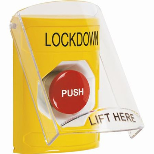 SS2224LD-EN STI Yellow Indoor Only Flush or Surface Momentary Stopper Station with LOCKDOWN Label English