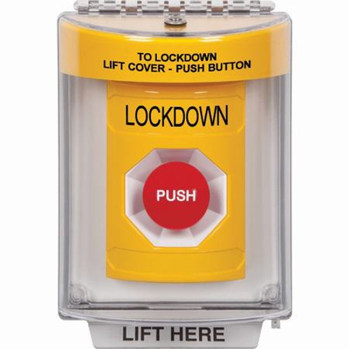 SS2234LD-EN STI Yellow Indoor/Outdoor Flush Momentary Stopper Station with LOCKDOWN Label English