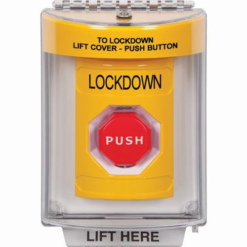 SS2235LD-EN STI Yellow Indoor/Outdoor Flush Momentary (Illuminated) Stopper Station with LOCKDOWN Label English