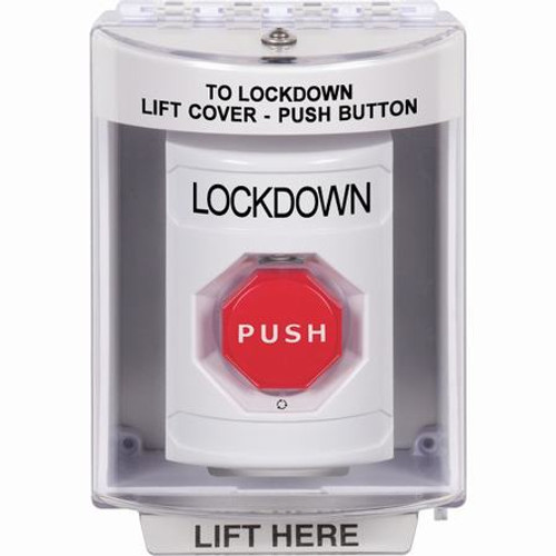 SS2389LD-EN STI White Indoor/Outdoor Surface w/ Horn Turn-to-Reset (Illuminated) Stopper Station with LOCKDOWN Label English