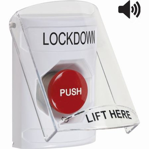 SS23A1LD-EN STI White Indoor Only Flush or Surface w/ Horn Turn-to-Reset Stopper Station with LOCKDOWN Label English