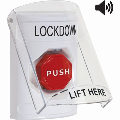 SS23A5LD-EN STI White Indoor Only Flush or Surface w/ Horn Momentary (Illuminated) Stopper Station with LOCKDOWN Label English