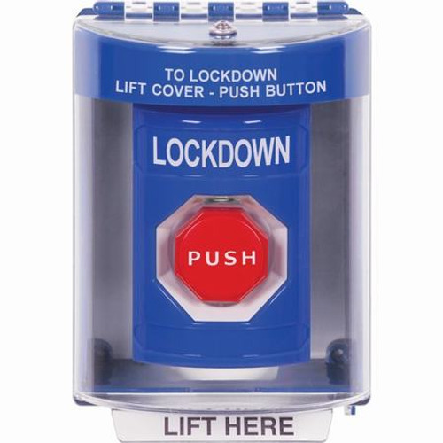 SS2475LD-EN STI Blue Indoor/Outdoor Surface Momentary (Illuminated) Stopper Station with LOCKDOWN Label English