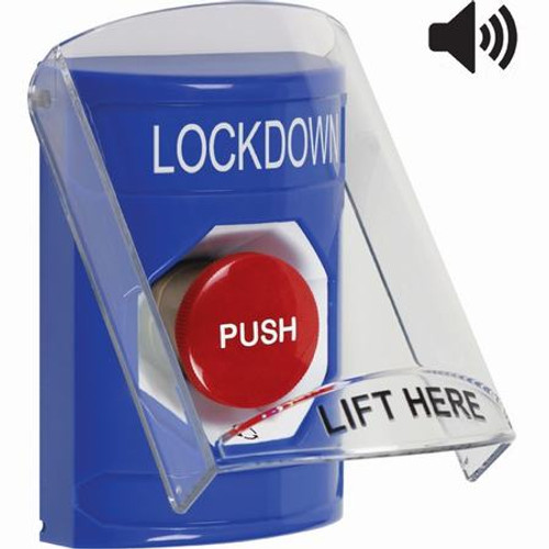 SS24A1LD-EN STI Blue Indoor Only Flush or Surface w/ Horn Turn-to-Reset Stopper Station with LOCKDOWN Label English