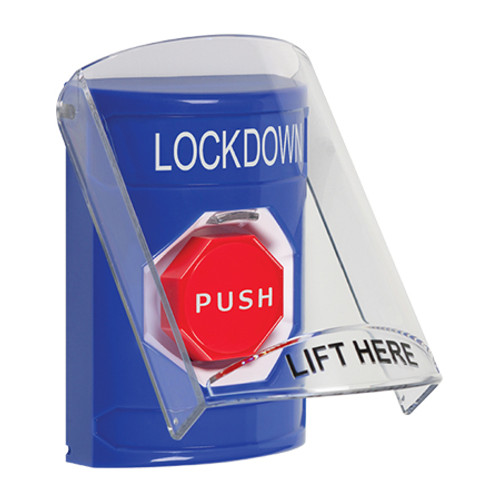 SS2425LD-EN STI Blue Indoor Only Flush or Surface Momentary (Illuminated) Stopper Station with LOCKDOWN Label English