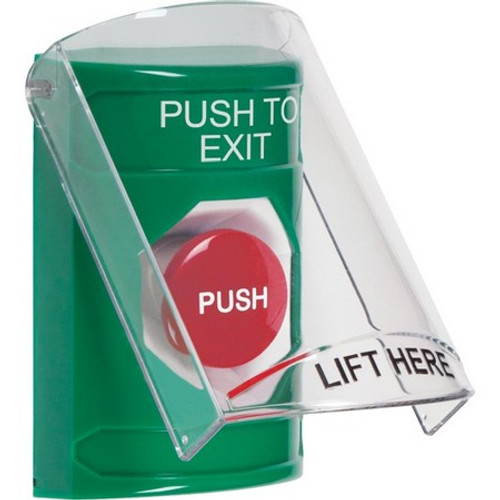 SS2124PX-EN STI Green Indoor Only Flush or Surface Momentary Stopper Station with PUSH TO EXIT Label English