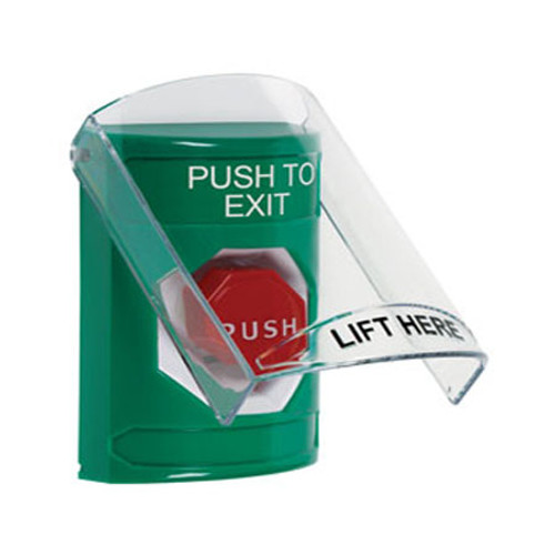 SS2128PX-EN STI Green Indoor Only Flush or Surface Pneumatic (Illuminated) Stopper Station with PUSH TO EXIT Label English