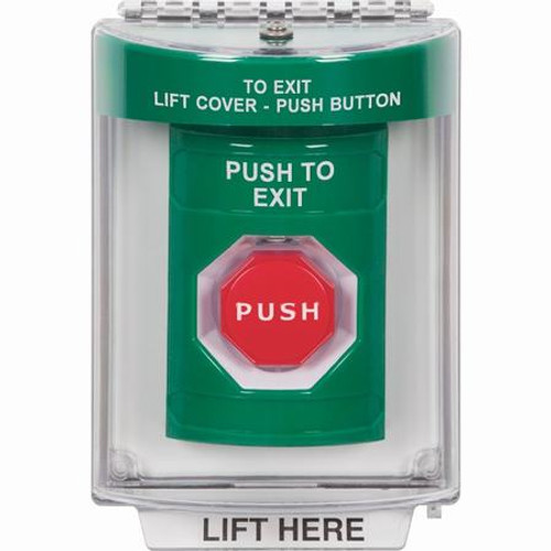 SS2148PX-EN STI Green Indoor/Outdoor Flush w/ Horn Pneumatic (Illuminated) Stopper Station with PUSH TO EXIT Label English