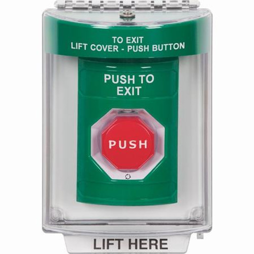 SS2149PX-EN STI Green Indoor/Outdoor Flush w/ Horn Turn-to-Reset (Illuminated) Stopper Station with PUSH TO EXIT Label English