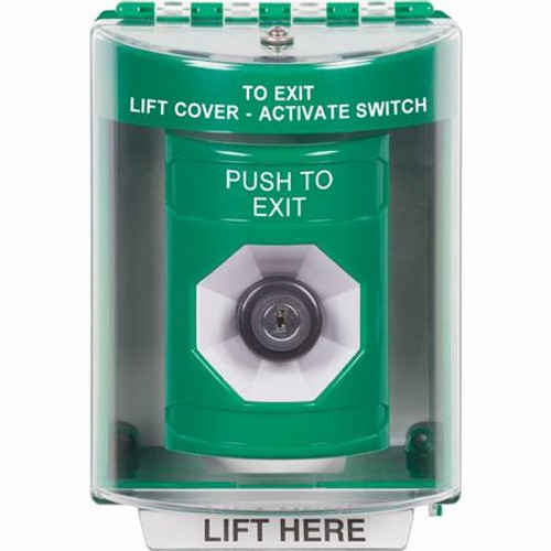 SS2183PX-EN STI Green Indoor/Outdoor Surface w/ Horn Key-to-Activate Stopper Station with PUSH TO EXIT Label English