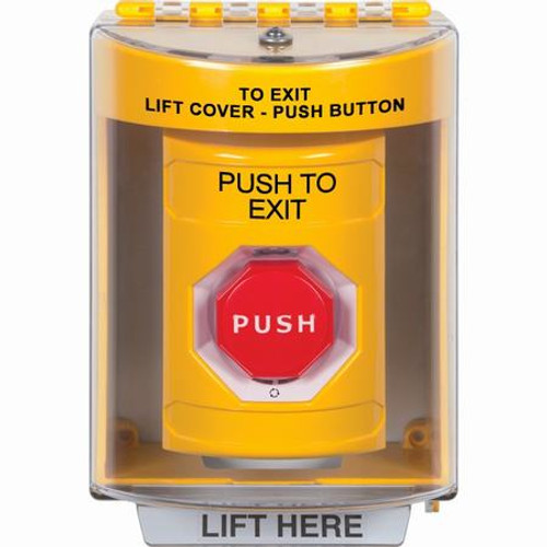 SS2279PX-EN STI Yellow Indoor/Outdoor Surface Turn-to-Reset (Illuminated) Stopper Station with PUSH TO EXIT Label English