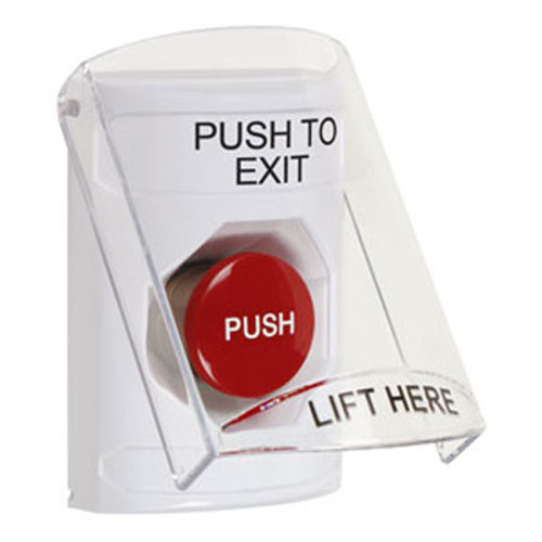 SS2324PX-EN STI White Indoor Only Flush or Surface Momentary Stopper Station with PUSH TO EXIT Label English