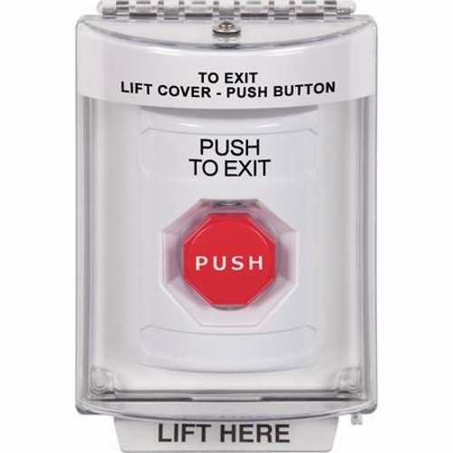 SS2335PX-EN STI White Indoor/Outdoor Flush Momentary (Illuminated) Stopper Station with PUSH TO EXIT Label English