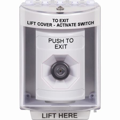 SS2383PX-EN STI White Indoor/Outdoor Surface w/ Horn Key-to-Activate Stopper Station with PUSH TO EXIT Label English