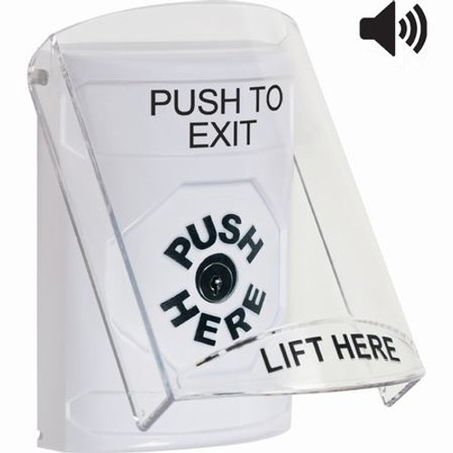 SS23A0PX-EN STI White Indoor Only Flush or Surface w/ Horn Key-to-Reset Stopper Station with PUSH TO EXIT Label English