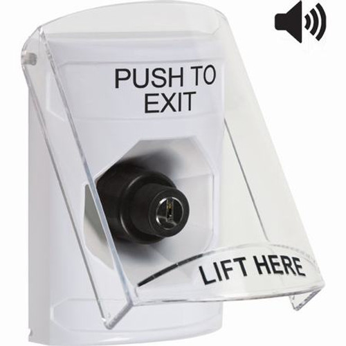 SS23A3PX-EN STI White Indoor Only Flush or Surface w/ Horn Key-to-Activate Stopper Station with PUSH TO EXIT Label English