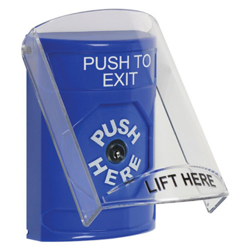 SS2420PX-EN STI Blue Indoor Only Flush or Surface Key-to-Reset Stopper Station with PUSH TO EXIT Label English