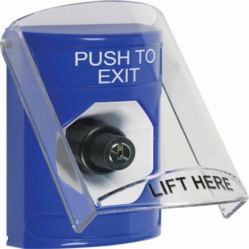 SS2423PX-EN STI Blue Indoor Only Flush or Surface Key-to-Activate Stopper Station with PUSH TO EXIT Label English