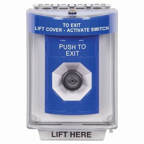 SS2433PX-EN STI Blue Indoor/Outdoor Flush Key-to-Activate Stopper Station with PUSH TO EXIT Label English