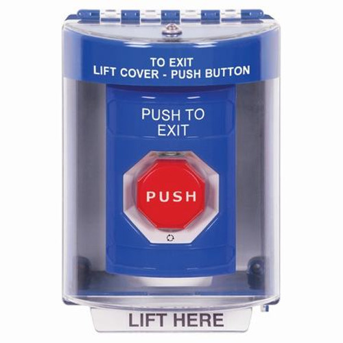 SS2479PX-EN STI Blue Indoor/Outdoor Surface Turn-to-Reset (Illuminated) Stopper Station with PUSH TO EXIT Label English