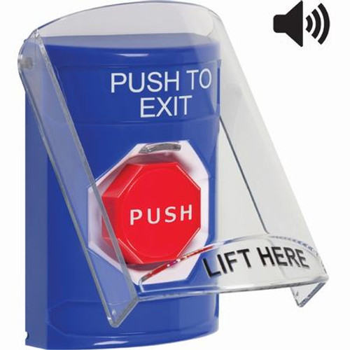SS24A2PX-EN STI Blue Indoor Only Flush or Surface w/ Horn Key-to-Reset (Illuminated) Stopper Station with PUSH TO EXIT Label English