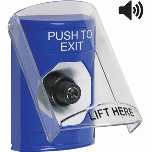 SS24A3PX-EN STI Blue Indoor Only Flush or Surface w/ Horn Key-to-Activate Stopper Station with PUSH TO EXIT Label English