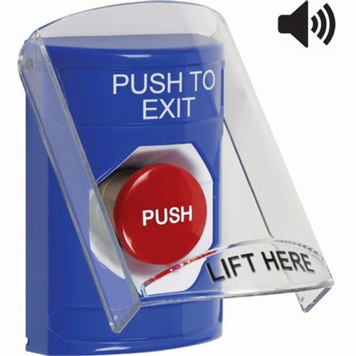 SS24A4PX-EN STI Blue Indoor Only Flush or Surface w/ Horn Momentary Stopper Station with PUSH TO EXIT Label English