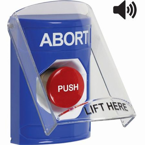 SS24A4AB-EN STI Blue Indoor Only Flush or Surface w/ Horn Momentary Stopper Station with ABORT Label English