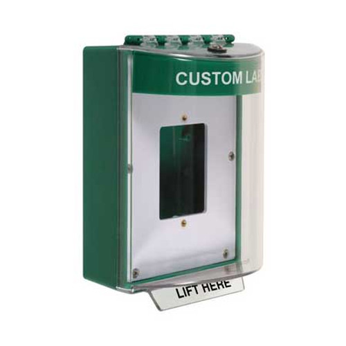 STI-13510CG STI Universal Stopper Dome Cover Enclosed Back Box, Open Mounting Plate and Hood - Custom Label - Green - Non-Returnable