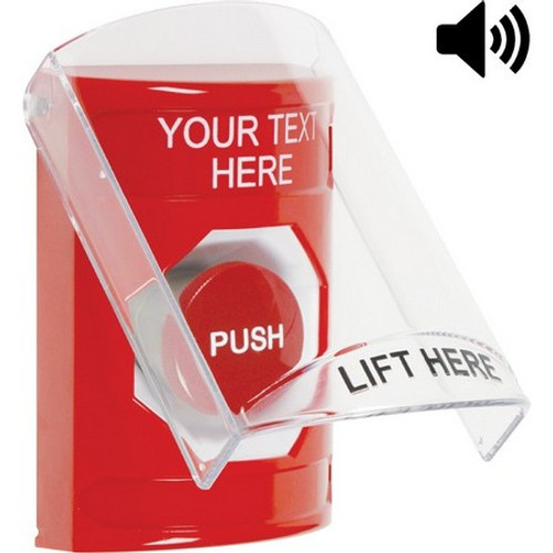 SS20A4ZA-EN STI Red Indoor Only Flush or Surface w/ Horn Momentary Stopper Station with Non-Returnable Custom Text Label English