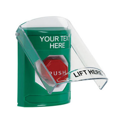SS2128ZA-EN STI Green Indoor Only Flush or Surface Pneumatic (Illuminated) Stopper Station with Non-Returnable Custom Text Label English