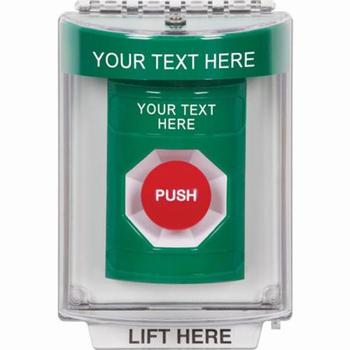 SS2134ZA-EN STI Green Indoor/Outdoor Flush Momentary Stopper Station with Non-Returnable Custom Text Label English
