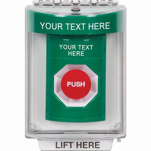 SS2144ZA-EN STI Green Indoor/Outdoor Flush w/ Horn Momentary Stopper Station with Non-Returnable Custom Text Label English