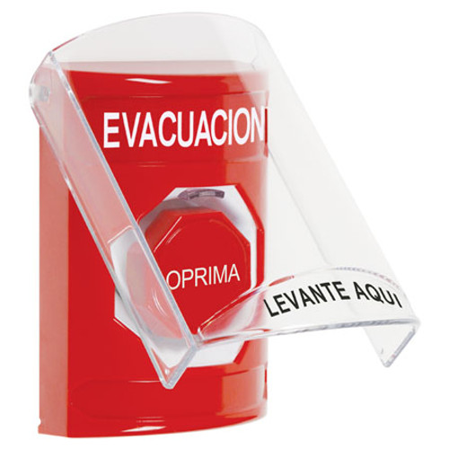 SS20A8EV-ES STI Red Indoor Only Flush or Surface w/ Horn Pneumatic (Illuminated) Stopper Station with EVACUATION Label Spanish
