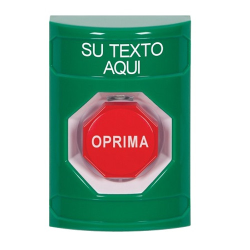 SS2105ZA-ES STI Green No Cover Momentary (Illuminated) Stopper Station with Non-Returnable Custom Text Label Spanish
