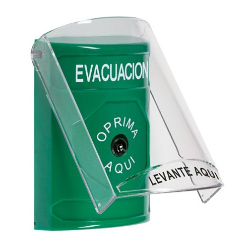 SS2120EV-ES STI Green Indoor Only Flush or Surface Key-to-Reset Stopper Station with EVACUATION Label Spanish