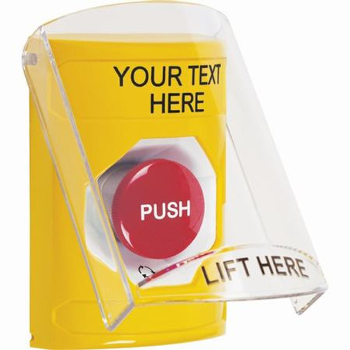 SS2221ZA-EN STI Yellow Indoor Only Flush or Surface Turn-to-Reset Stopper Station with Non-Returnable Custom Text Label English