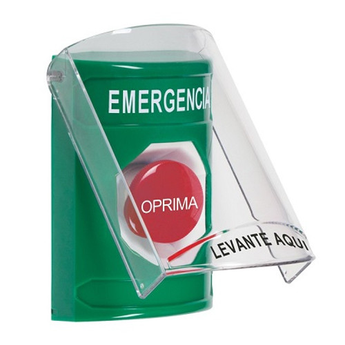 SS2124EM-ES STI Green Indoor Only Flush or Surface Momentary Stopper Station with EMERGENCY Label Spanish