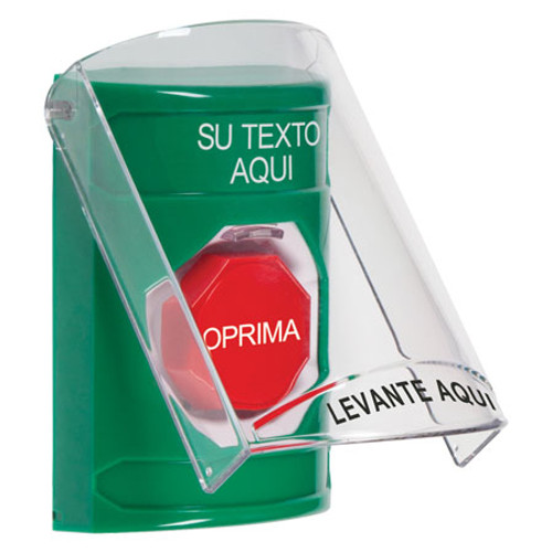 SS2128ZA-ES STI Green Indoor Only Flush or Surface Pneumatic (Illuminated) Stopper Station with Non-Returnable Custom Text Label Spanish