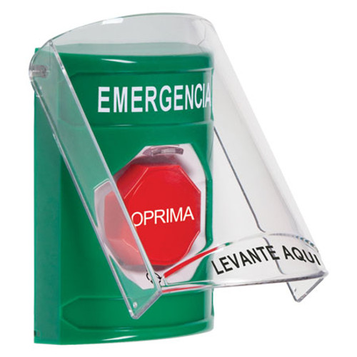 SS2129EM-ES STI Green Indoor Only Flush or Surface Turn-to-Reset (Illuminated) Stopper Station with EMERGENCY Label Spanish