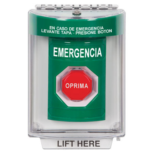 SS2138EM-ES STI Green Indoor/Outdoor Flush Pneumatic (Illuminated) Stopper Station with EMERGENCY Label Spanish